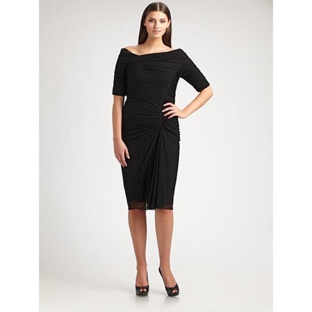 Tadashi Shoji Black Off-Shoulder Ruched Midi Dress